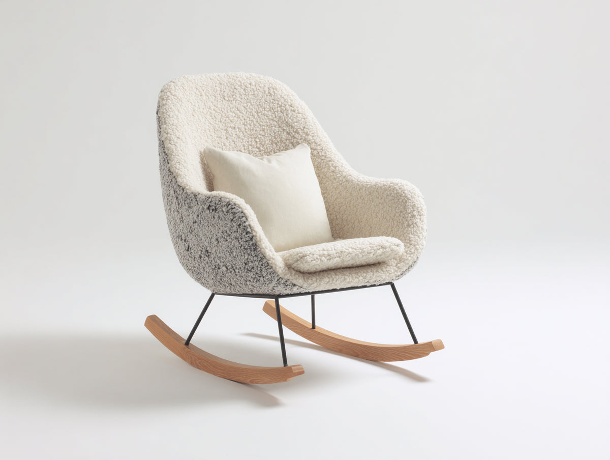 Schaukelstühle - Gepolstert mit Bouclé Bezug 78 x 92 x 98 cm - Cremeweiß Grau mit Holz Kufen und Metallgestell