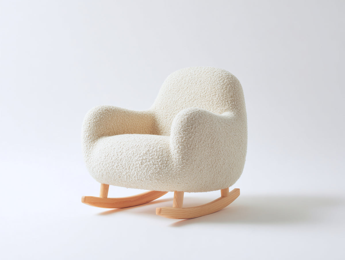 Schaukelstühle Bouclé 76x82x85 cm Cremeweiß-Naturholz - gepolsterte Armlehnen und Holzschienen - moderner Schaukelstuhl