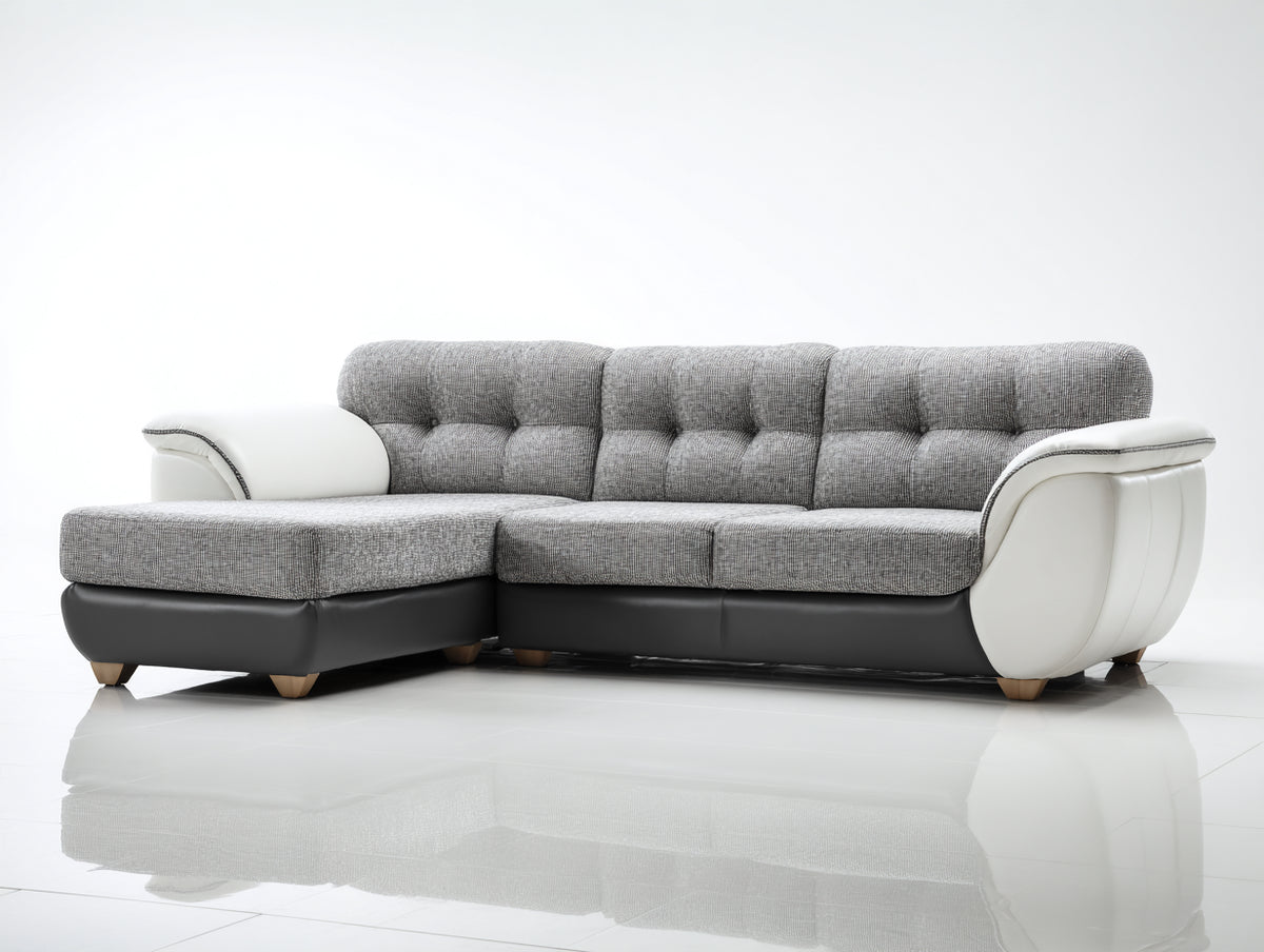 Ecksofa - Gepolstert mit Stoffbezug 275 x 175 x 88 cm - Grau Weiß Schwarz mit breiter Recamiere und Knopfheftung