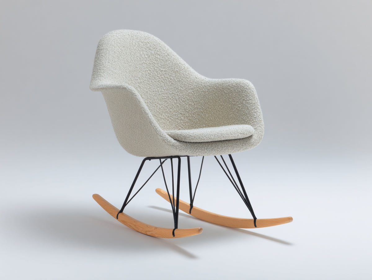 Schaukelstühle Teddy-Stoff gepolstert 72x88x92 cm - Cremeweiß Natur Schwarz - Schalenform mit Holzschaukelfüßen modernes Design