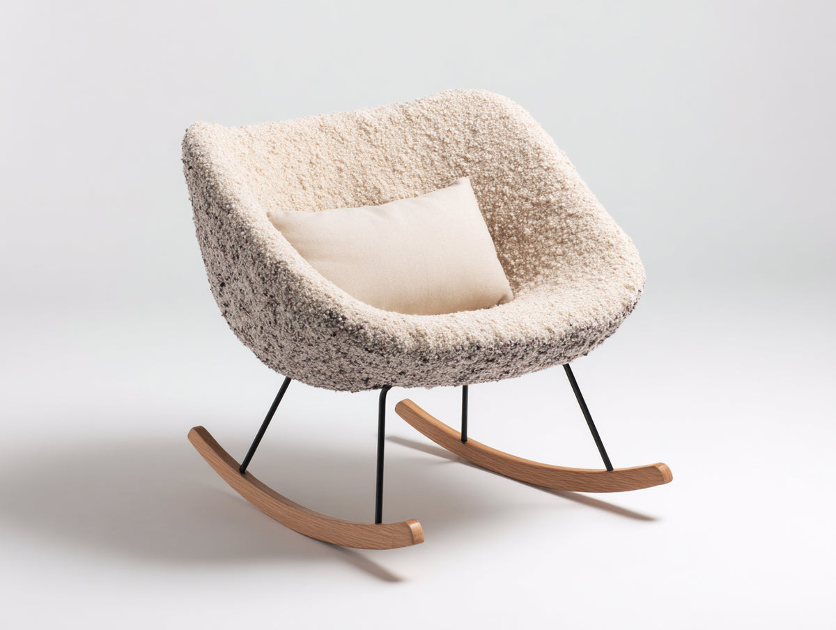 Schaukelstühle Teddy-Stoff Metall und Holz 82x90x88 cm - Creme Natur Schwarz - Gepolsterter Schaukelstuhl mit breiter Sitzschale im modernen Stil