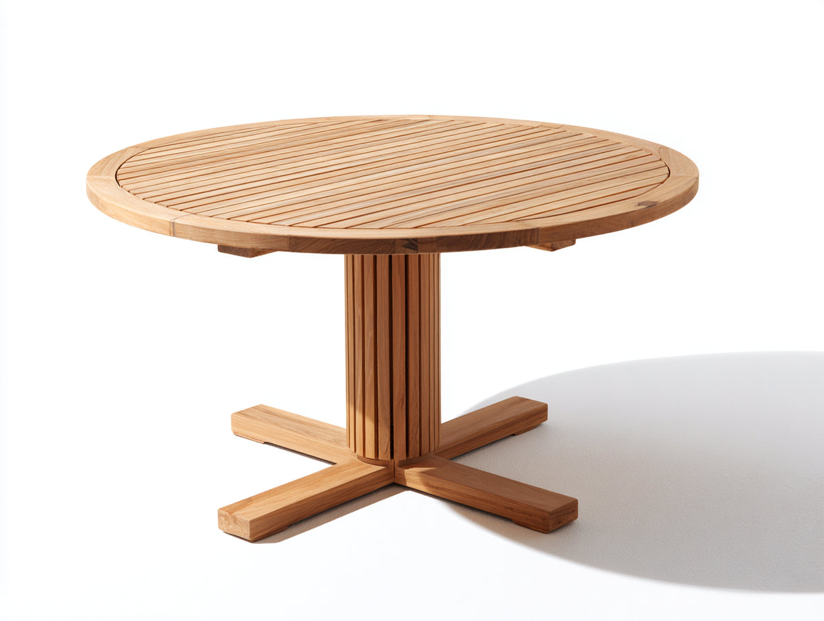 Gartentisch Holz 120x120x75 cm - Natur - rundes Design mit Säulenfuß und Kreuzfuß