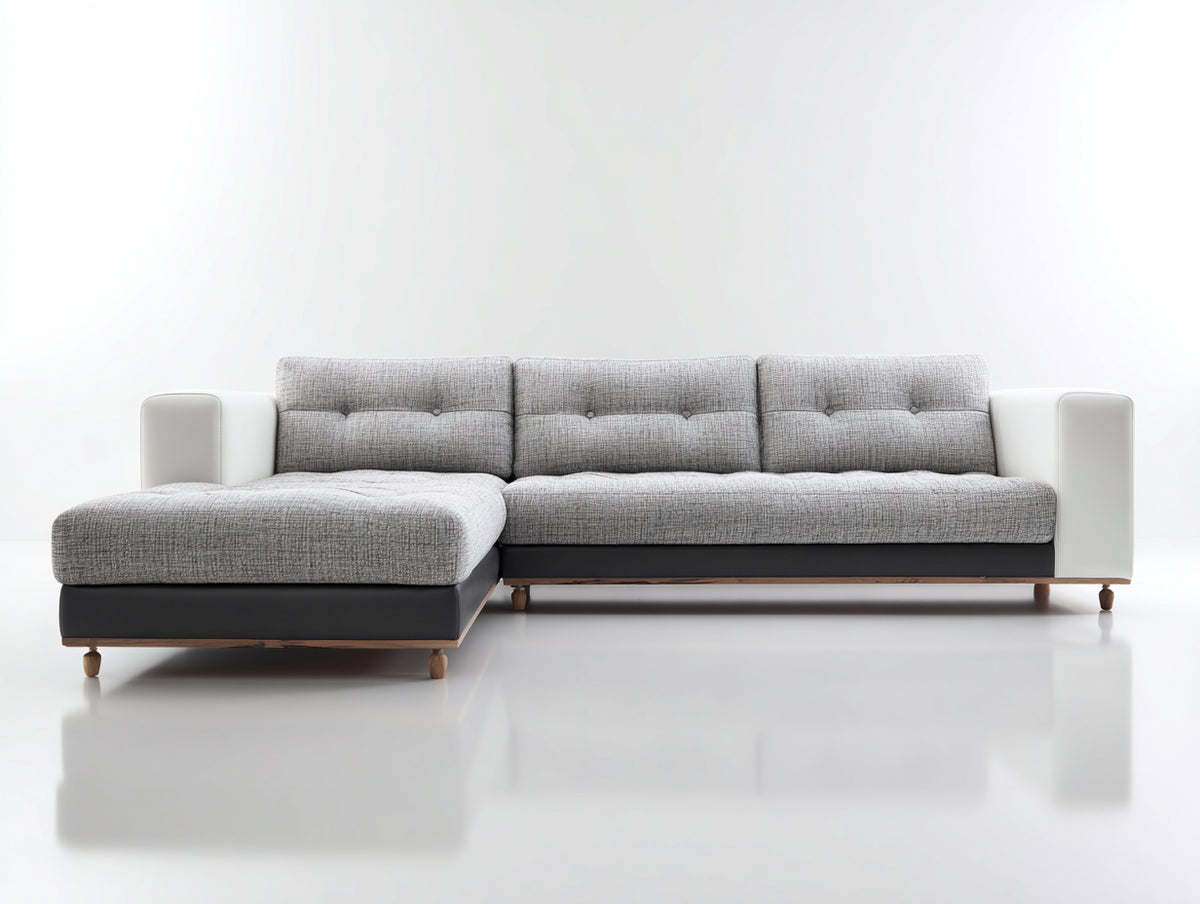 Ecksofa Strukturstoff 300x190x82 cm Grau-Weiß - breite Liegefläche und gesteppte Rückenpolster - modernes Wohnzimmer