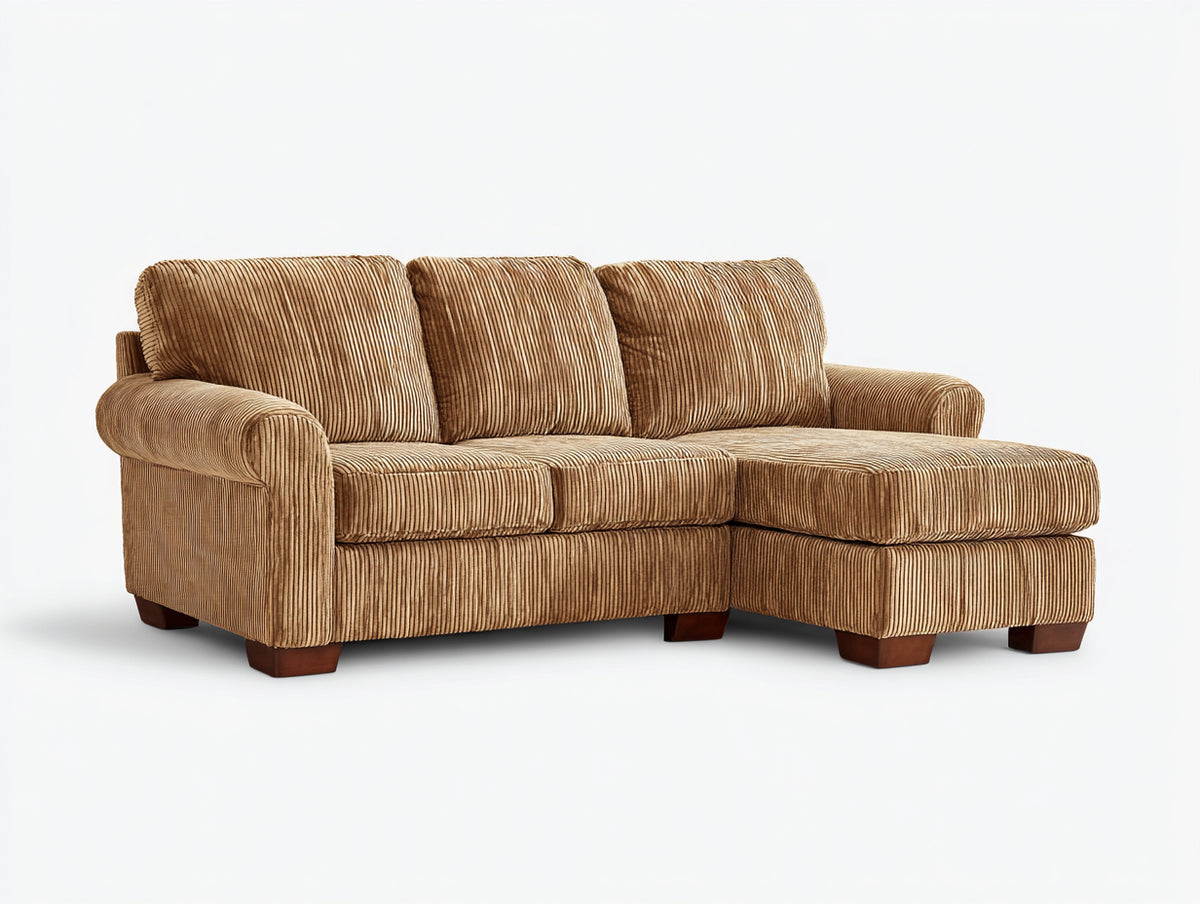 Ecksofa - Gepolstert mit Cordstoff 265 x 170 x 88 cm - Braun mit breiter Recamiere und Holzfüßen