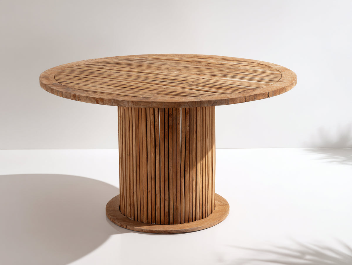 Gartentisch Holz 160x160x75 cm Naturholz - rund - Säulenfuß mit vertikalem Lattendesign