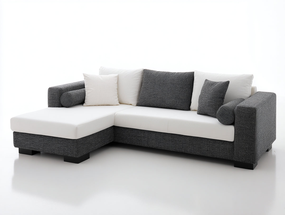 Ecksofa gepolstert 260x180x85 cm - Weiß-Dunkelgrau - moderne L-Form mit breiter Liegefläche