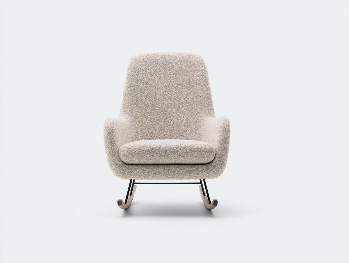 Schaukelstühle gepolstert 76x90x104 cm - Creme-Natur-Schwarz - Bouclé Optik mit hoher Rückenlehne und Holzschienen