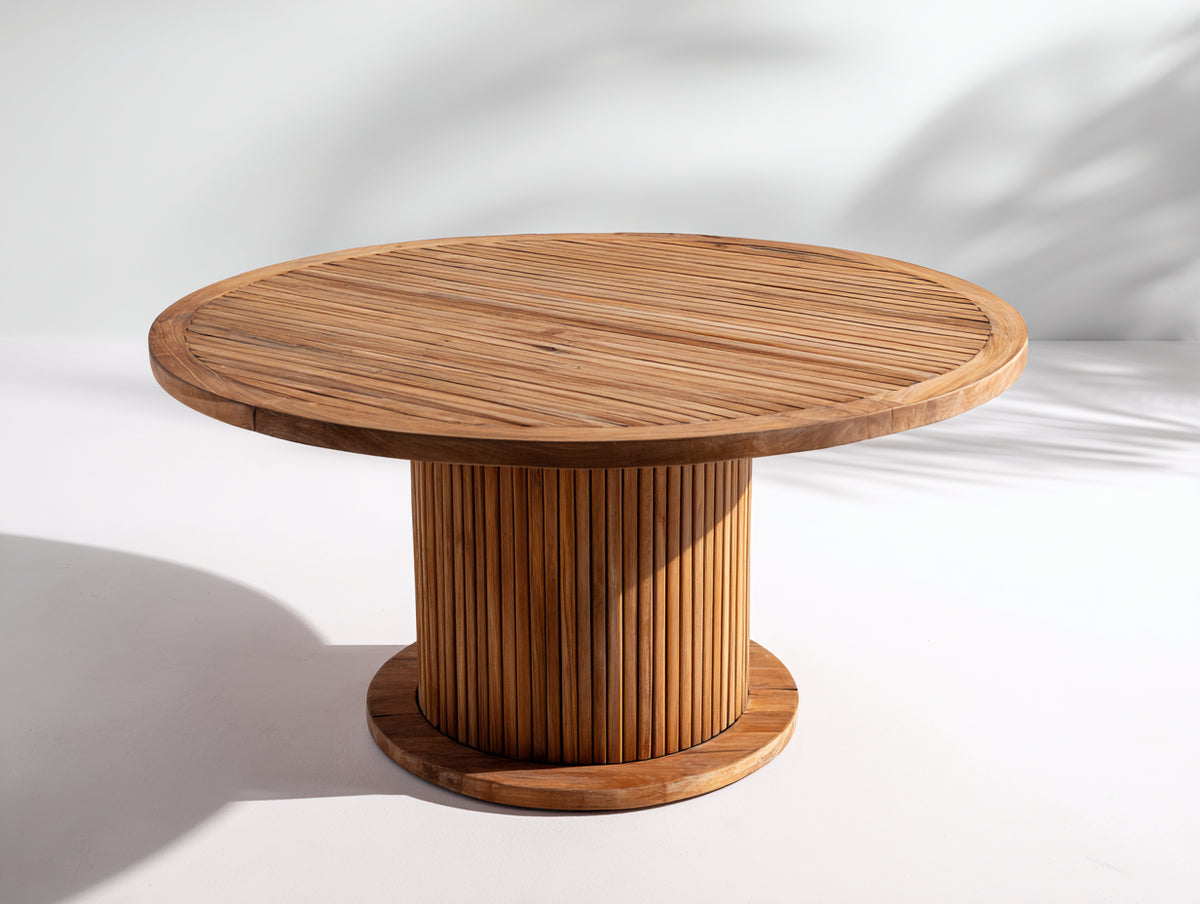 Gartentisch Holz 120x120x75 cm - Natur - Runder Gartentisch mit zylindrischem Lamellen-Säulenfuß