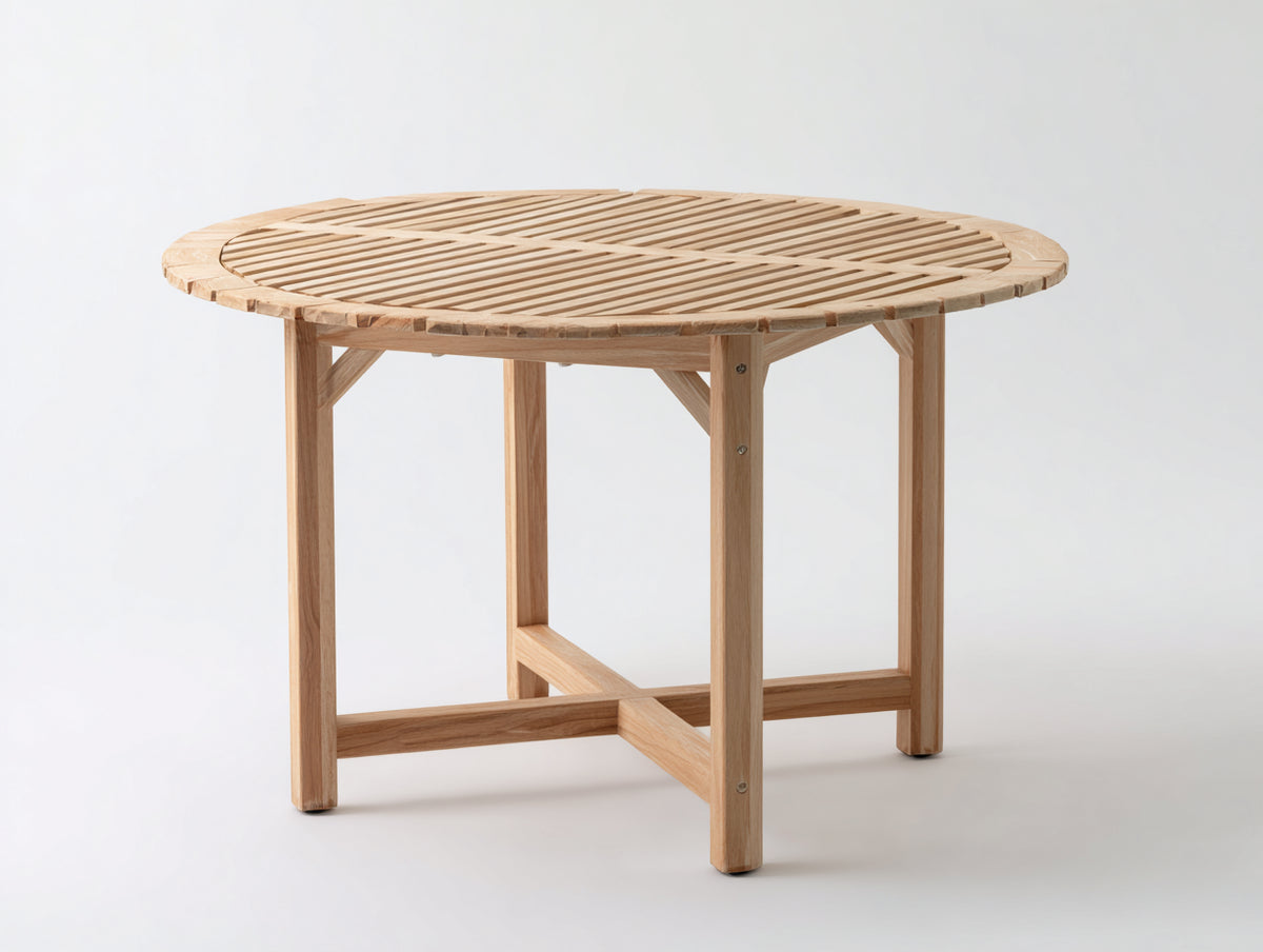 Gartentisch rund - Holz 120 x 120 x 75 cm - Naturholz mit 4 Beinen Kreuzstreben und Lattenoptik