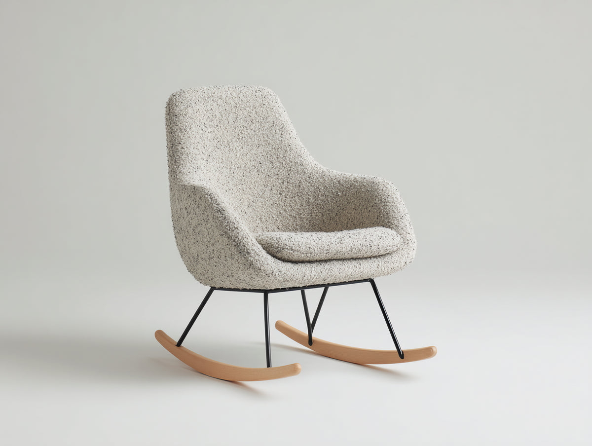 Schaukelstühle - Gepolstert mit Bouclé Bezug 76 x 90 x 96 cm - Beige mit Naturholz Kufen und schwarzem Metallgestell