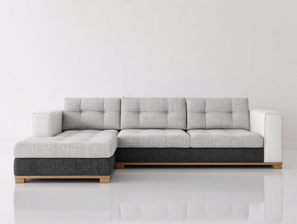 Ecksofa Stoff und Kunstleder 250x165x85 cm - Hellgrau Dunkelgrau Weiß - Gepolstertes Ecksofa mit Ottomane und Knopfsteppung im modernen Stil