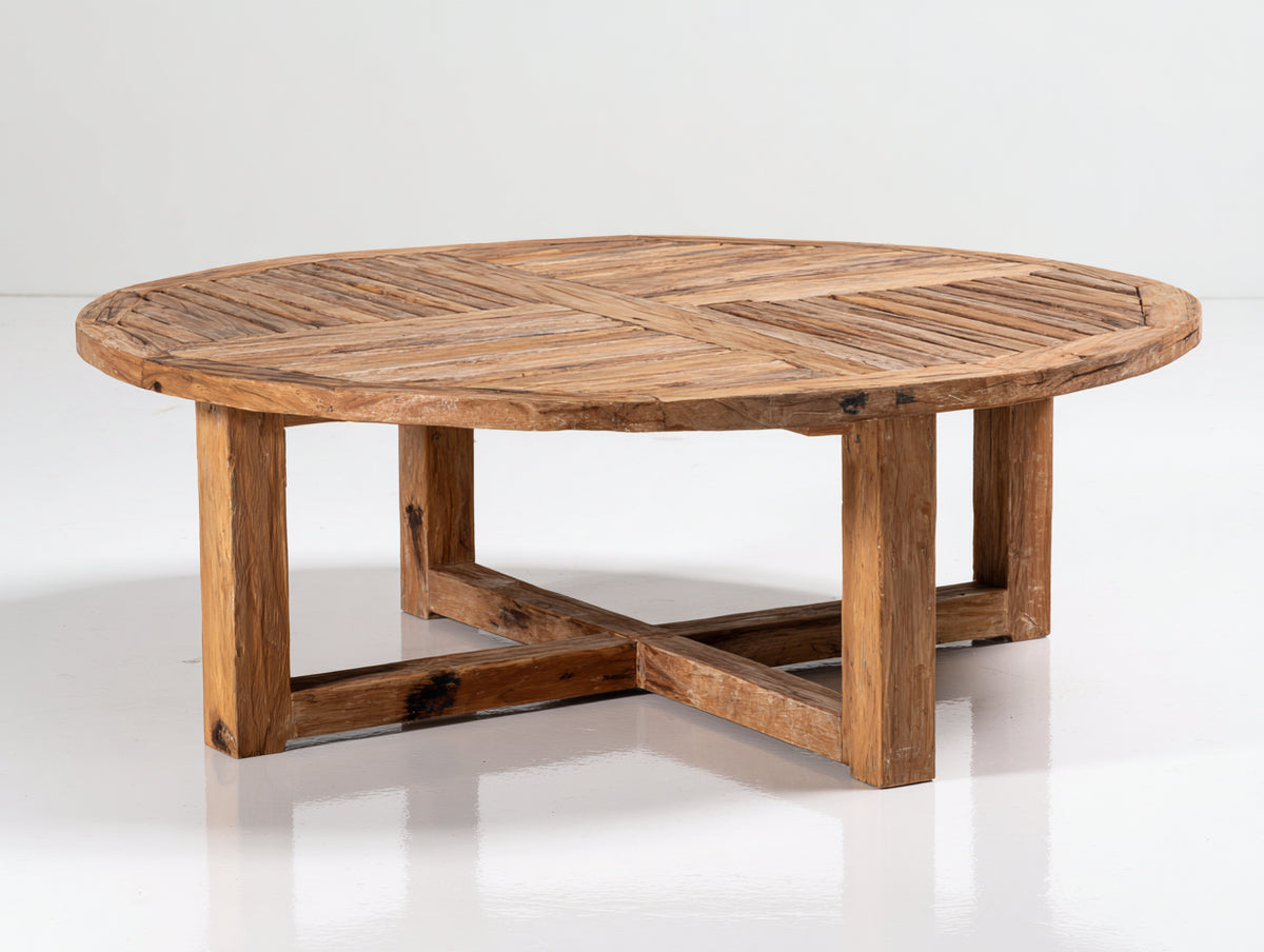 Gartentisch Holz 120x120x45 cm - Natur - Niedriger runder Gartentisch mit Kreuzverstrebung und rustikaler Lamellenplatte