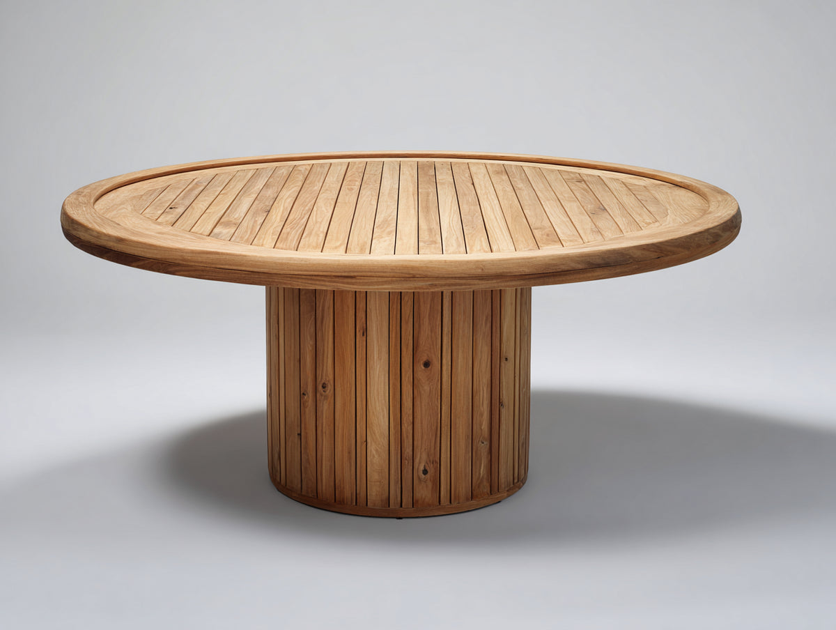 Gartentisch Holz 120x120x75 cm - Natur - Runder Gartentisch mit zylindrischem Säulenfuß und Lamellenplatte