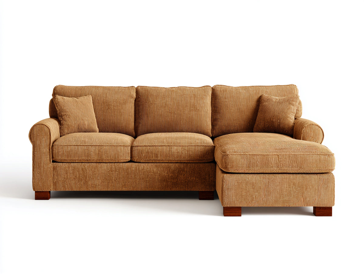 Ecksofa Cordstoff 285x180x86 cm Cognac-Dunkelbraun - großzügige Liegefläche und gerundete Armlehnen - modernes Wohnzimmer