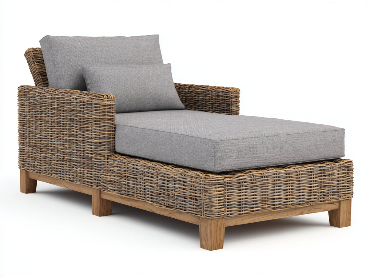 Sonnenliege Polyrattan Holz und Stoff 195x90x85 cm - Natur Grau - Gepolsterte Sonnenliege mit Armlehnen und geneigter Rückenlehne