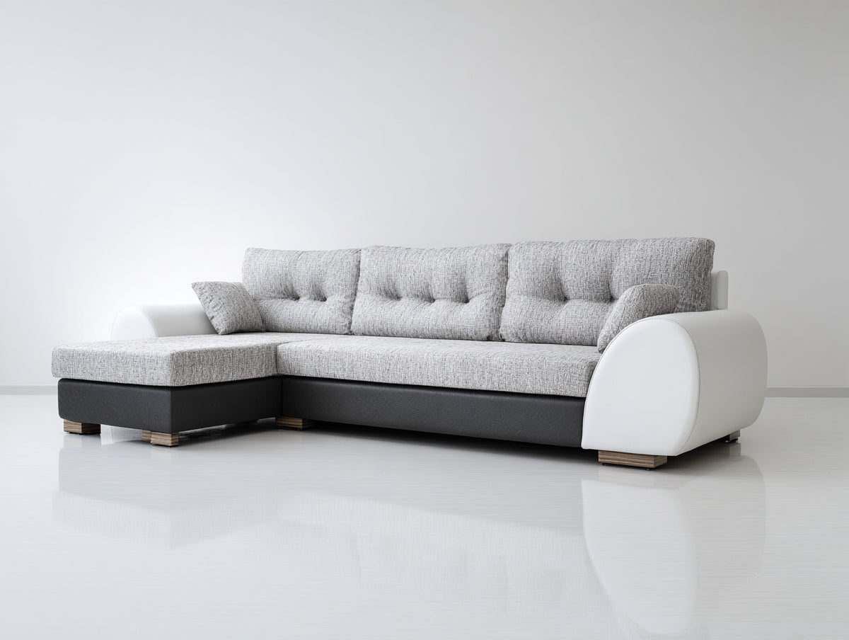 Ecksofa Stoff gepolstert 260x170x88 cm - Hellgrau Schwarz Weiß - mit Chaiselongue modernes Design