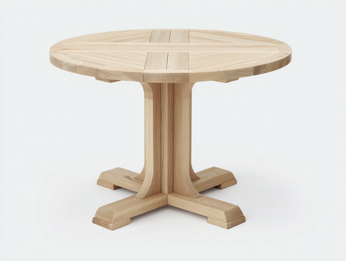 Gartentisch Holz 120x120x75 cm - Natur - rundes Design mit massivem Säulenfuß und Kreuzfuß