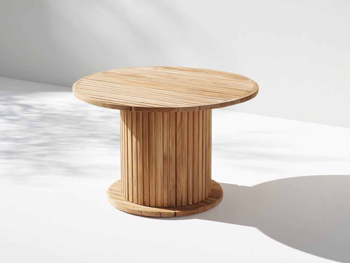 Gartentisch Holz 150x150x75 cm Naturholz - rund - Säulenfuß mit vertikalem Lattendesign