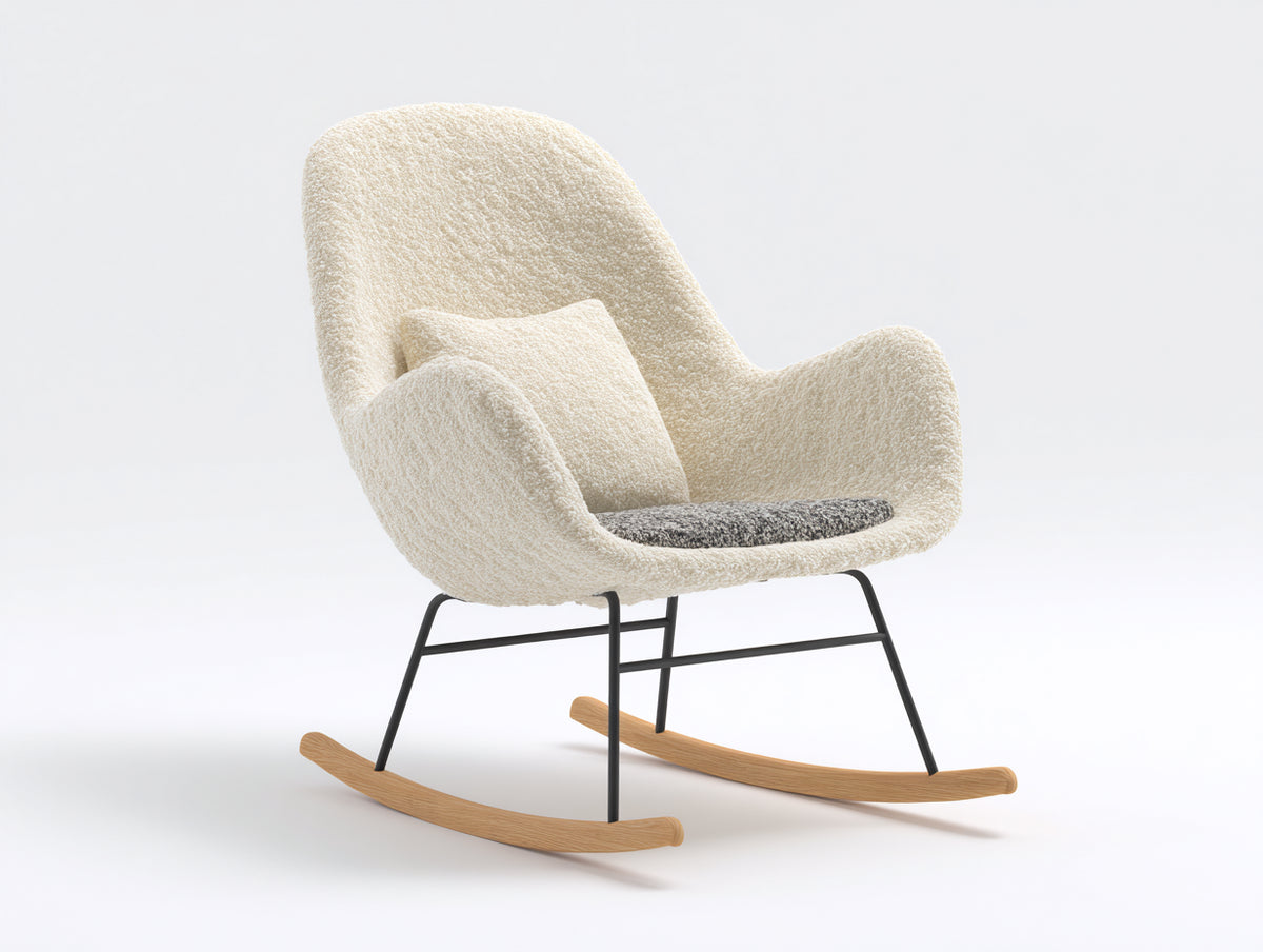 Schaukelstühle gepolstert 78x92x105 cm - Creme-Natur-Schwarz - Bouclé Optik mit Holzschienen und modernem Design