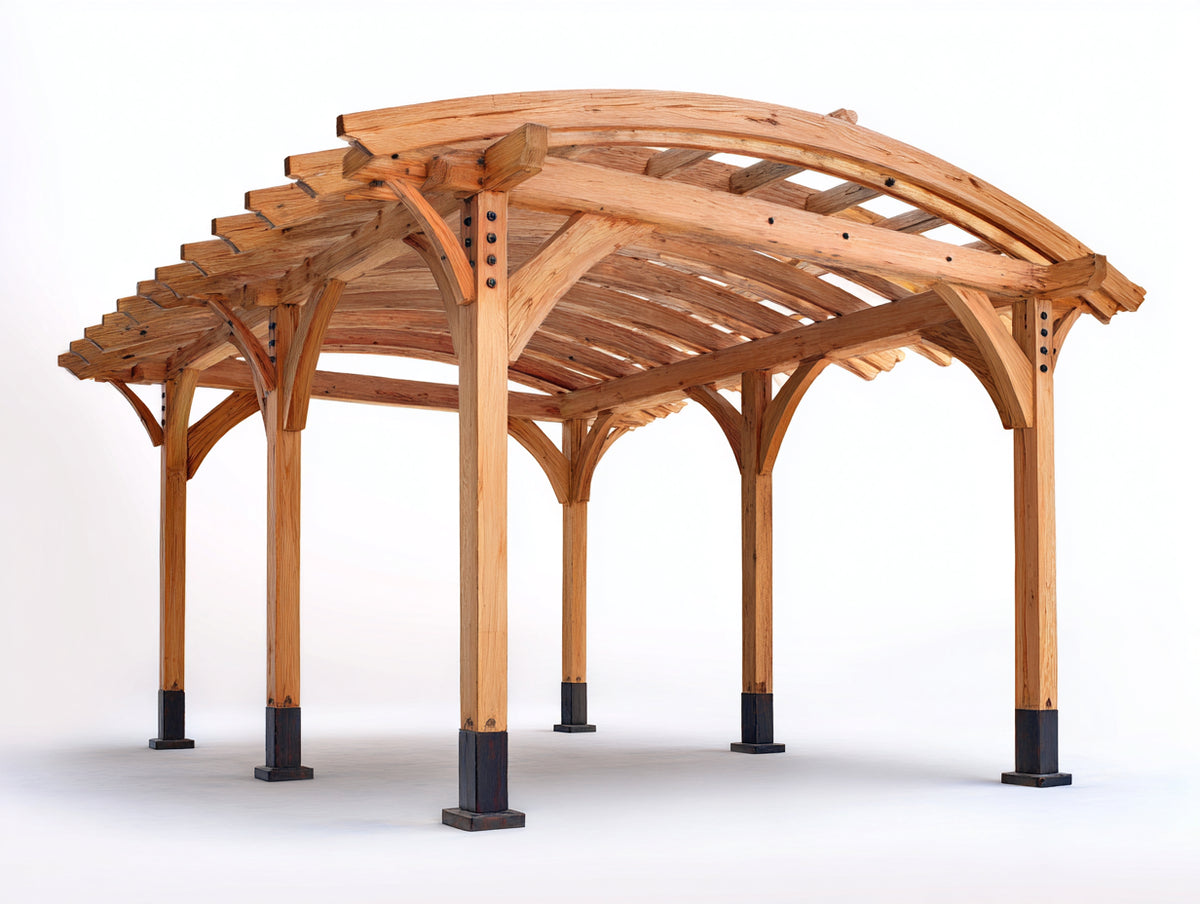 Pavillon Holz 400x300x280 cm Naturholz-Schwarz - gewölbtes Lamellendach - stabile Gartenkonstruktion