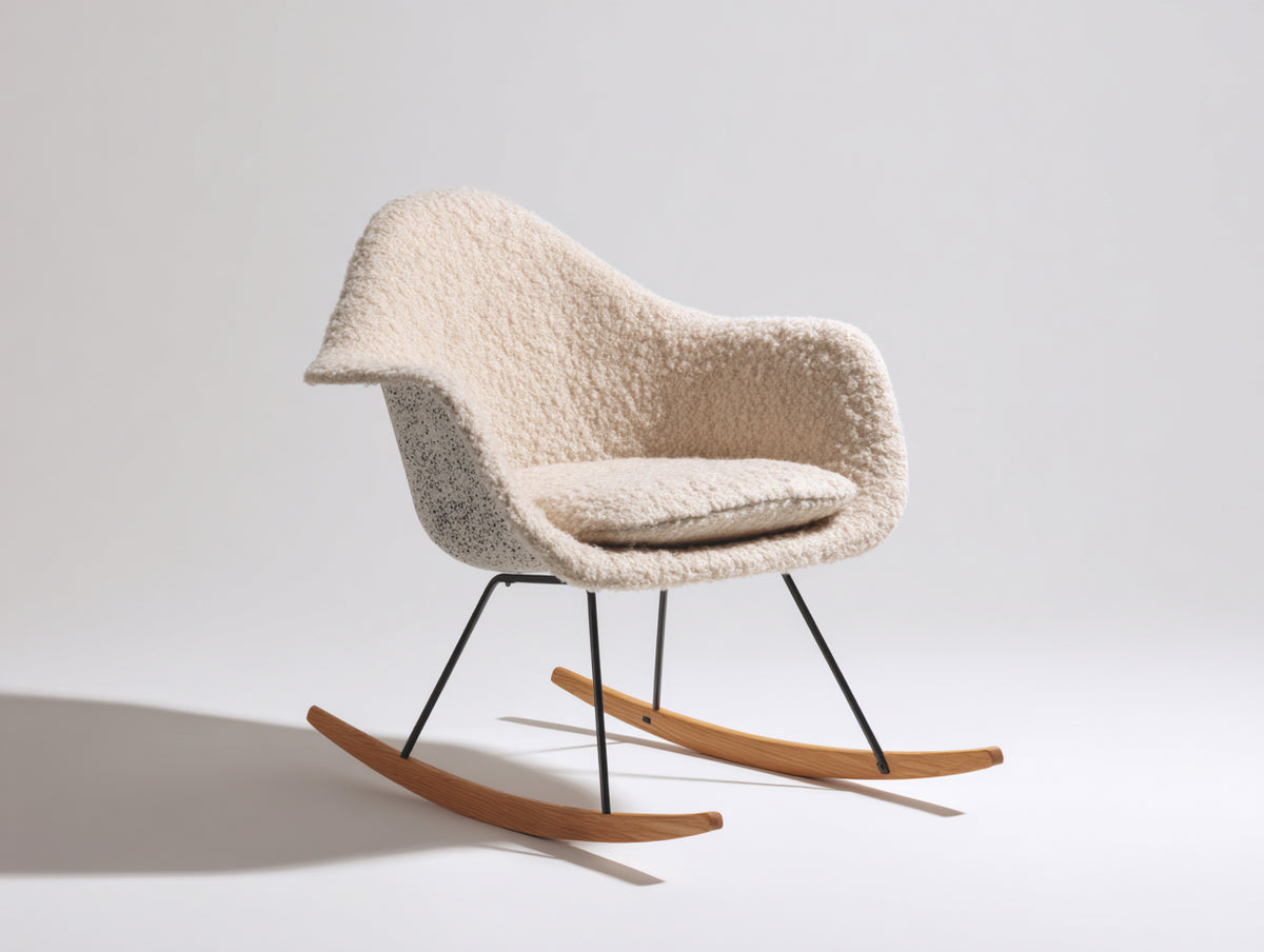 Schaukelstühle Bouclé 72x82x86 cm Cremeweiß-Naturholz - Holzschienen und Metallgestell - moderner Schaukelstuhl